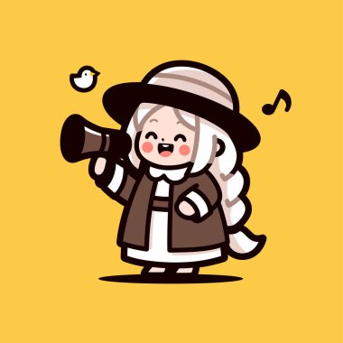 Megafonlu ve kuşlu şirin bir çizgi film kızı.