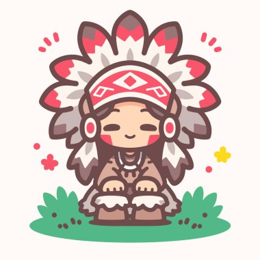 Sevimli Çizgi film Amerikan Yerlisi Şef Davul Çalıyor