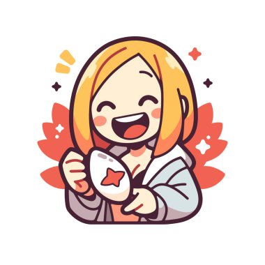 Anime Kız Yıldızlı Paskalya Yumurtası Tutuyor