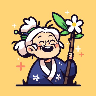 Çiçek sopasıyla gülümseyen büyükanne.