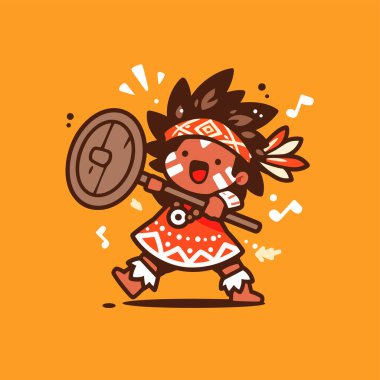 Kalkanı ve mızrağı olan Amerikan Yerlisi Savaşçı Çocuğu