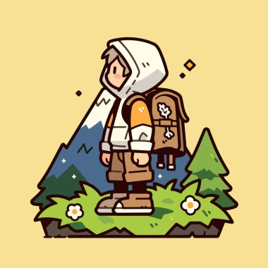 Sırt çantalı çizgi film yürüyüşçüsü çimlerin üzerinde duruyor, arka planda dağlar.