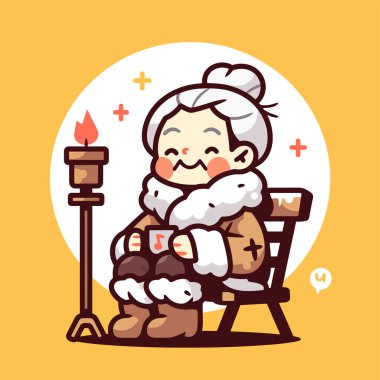 Huzurlu Kış Sahnesi Yaşlı Kadın Kamp ateşinin yanında