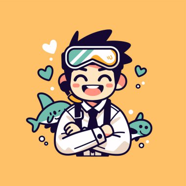 Köpekbalığı Çizgi Film Çizimi ile Mutlu Dalgıç