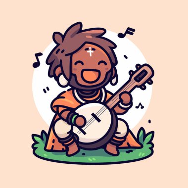 Müzik notalarıyla banjo çalan çizgi film müzisyeni.