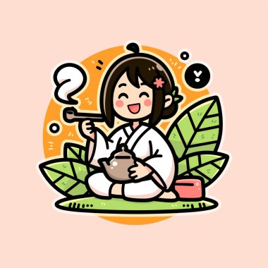 Kimonolu tatlı kız çay seremonisinin tadını çıkarıyor.