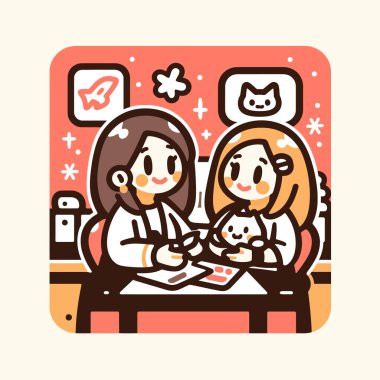 İki Arkadaş Sevimli Bir Odada Evcil Bir Evcil Hayvanla Keyifli Sohbet Ediyor