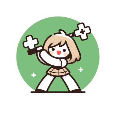 Anime kızı, güzel ve neşeli pozlar veren, artı şekilli silahlar taşıyor.