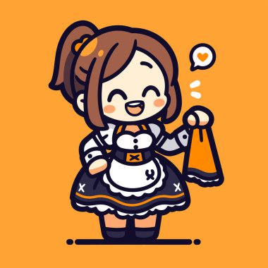 Havlu ve gülen yüzlü Chibi Hizmetçisi.