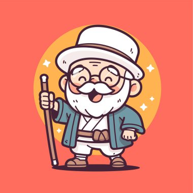 Çizgi film stili bastonlu yakışıklı yaşlı beyefendi.