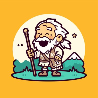 Mutlu yaşlı adam dağlarda dolaşıyor.