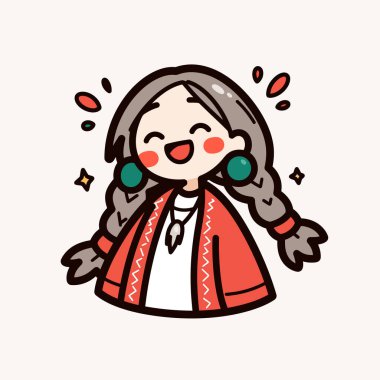 Kırmızı ceketli, örgülü ve küpeli neşeli çizgi film kızı.