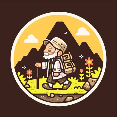 Dağlarda yürüyen yaşlı adam.