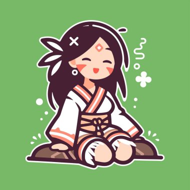 Beyaz Kimonolu Sevimli Anime Chibi Kız Taş Üstünde Oturuyor