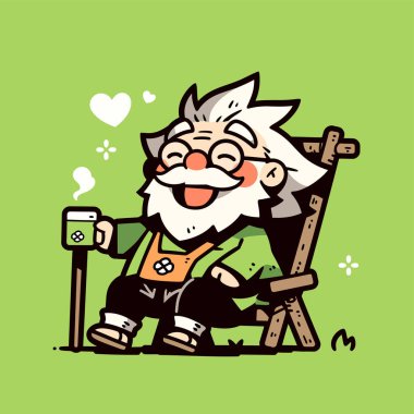 Çizgi film tarzında çay içen yaşlı adam.