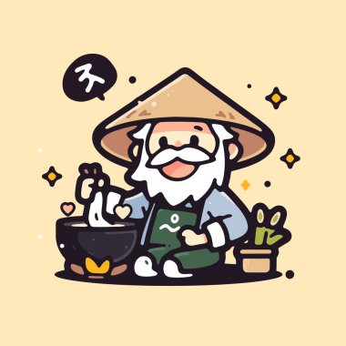 Şef makarna pişiriyor, çizgi film tarzında.