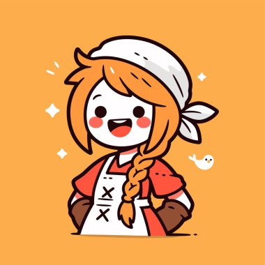 Örgü ve önlüklü şirin çizgi film çiftçisi kız.