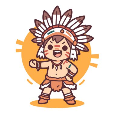 vektör çizgi filmi, Amerikan yerlilerinin sevimli kızılderili kılığına bürünmüş büyük bir gülümseme..