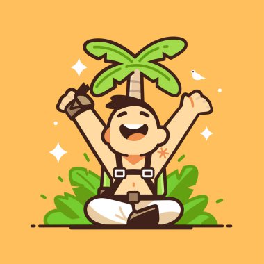 Tropikal adada palmiye ağacının altında meditasyon yapan neşeli bir adam.