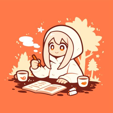 Anime kızı elinde kahveyle defterine yazıyor.