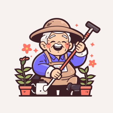 Tırmık ve Çiçekli Mutlu Yaşlı Bahçıvan