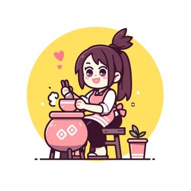 Çizgi filmdeki kadın mutfakta yemek pişiriyor.