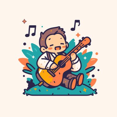 Akustik gitar çalıp şarkı söyleyen sevimli çizgi film çocuğu.