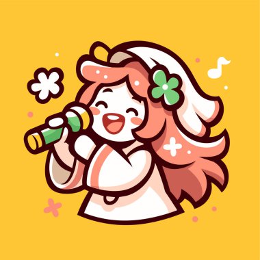 Sevimli Şarkıcı Neşeli Çizgi Film Biçiminde Mikrofonla Şarkı Söylüyor