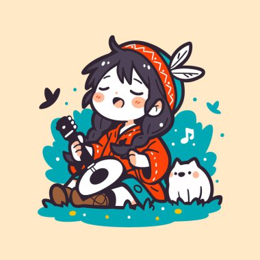 Şirin Amerikan Yerlisi Kız Ukulele çalıyor ve şarkı söylüyor.