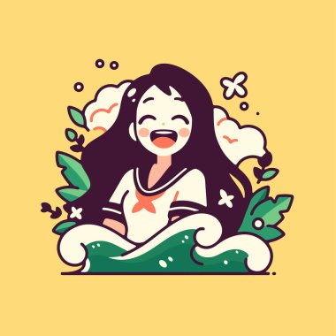 Okul üniformalı ve dalgalı mutlu anime kızları.