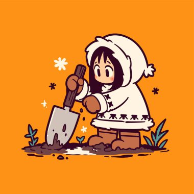 Elinde kürekle bahçıvanlık yapan bir çocuk.