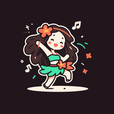 Çiçekleri ve notaları olan sevimli bir çizgi film hula dansçısı.