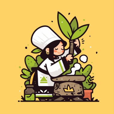 Şef tencerede otlarla yemek pişiriyor.