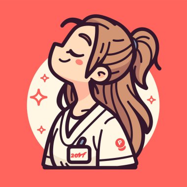 Üniformalı, at kuyruklu, gülümseyen hemşire.