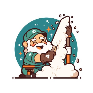 Kürekle kar temizleyen neşeli işçi.