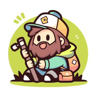 Sırt çantası ve yürüyüş sopasıyla çizgi film yürüyüşçüsü