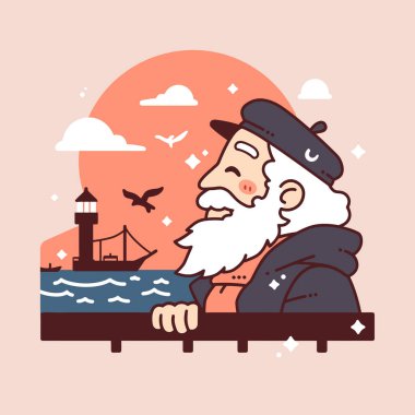 Deniz feneri bekçisi denizi izliyor.