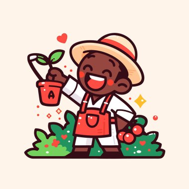 Bitki ve Kirazlı Mutlu Bahçıvan Çocuk