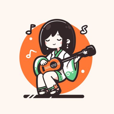 Japon tarzında Ukulele Çalan Sevimli Anime Kız
