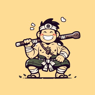 Mace ile Chibi Samurai Gülen Savaşçı Çizgi Film Çizimi