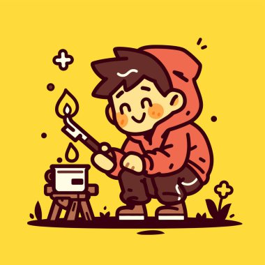 Kamp Macerası çizgi film karakteri ateş yakıyor.