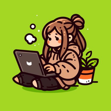 Kız evde dizüstü bilgisayarla çalışıyor.