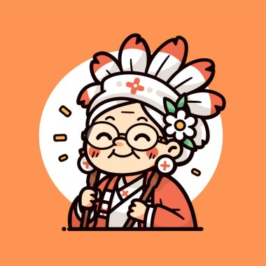 Gülümseyen yaşlı bir yerli hemşirenin büyüleyici karikatürü..