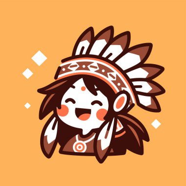 Başlığı ve tüyleri olan mutlu Amerikan Yerlisi karakteri