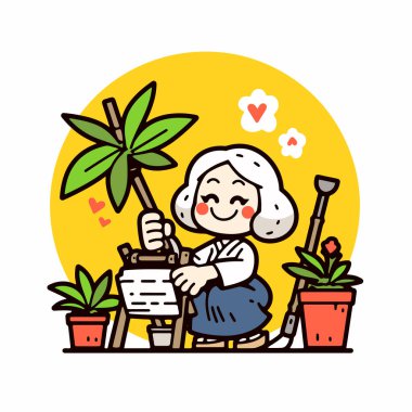 Güneşli Sahnede Bitkileri ve Aletleri Olan Mutlu Bahçıvan