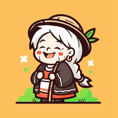 Şapkalı ve bastonlu gülümseyen yaşlı bir kadının Chibi çizgi filmi