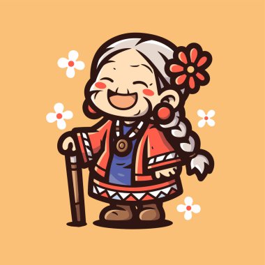 Chibi Karikatür Yaşlı Kadın Yürüyen Sopalı ve Çiçekli