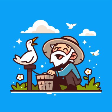 Yaşlı adam beslenen kuş çizgi filmi
