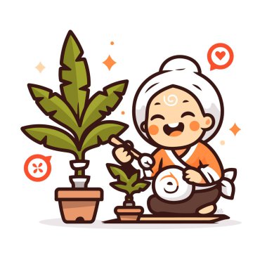 Mutlu bahçıvan saksıda bitkilerle ilgileniyor.