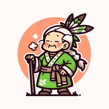 Geleneksel yeşil elbiseli, bastonlu yaşlı kadın.